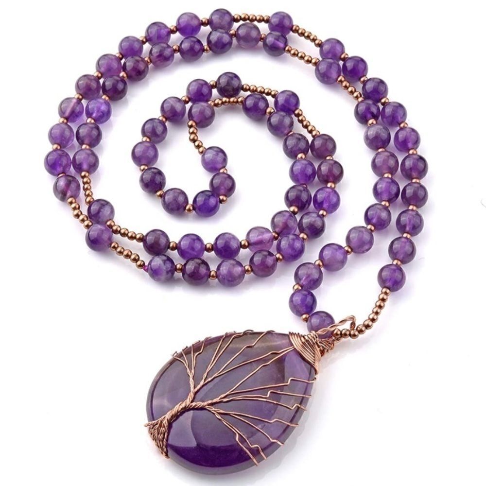 Copper and Natural Amethyst Crystal Tree of Life Pendant Necklace